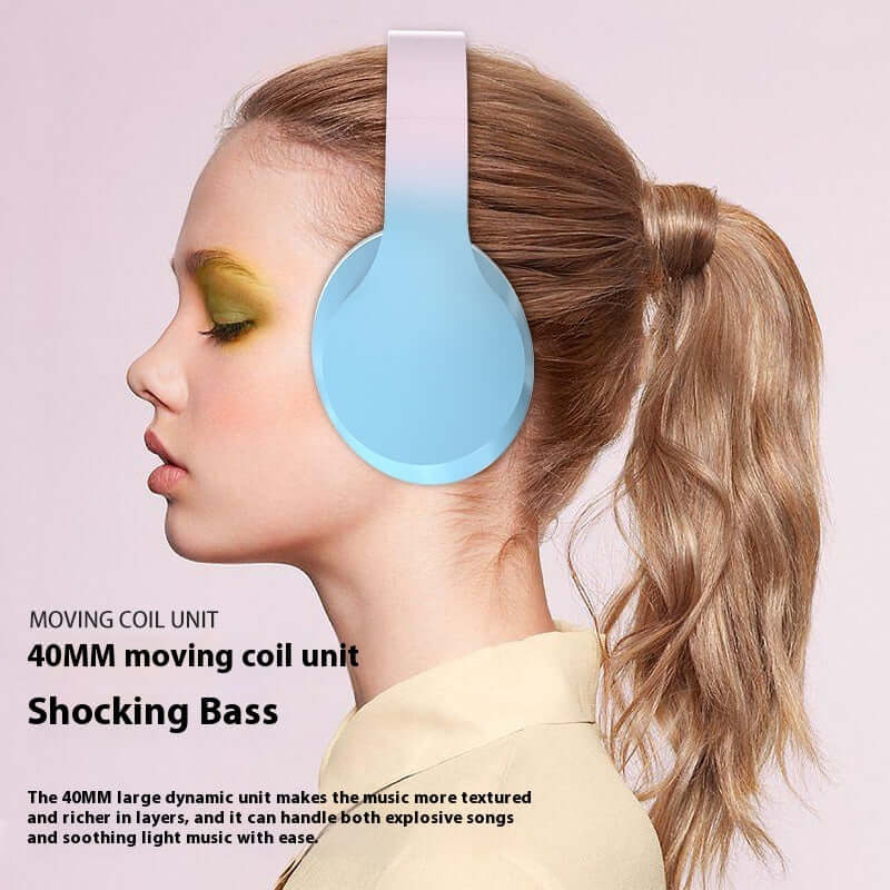Woman wearing blue headphones with product features highlighted on a light pink background
