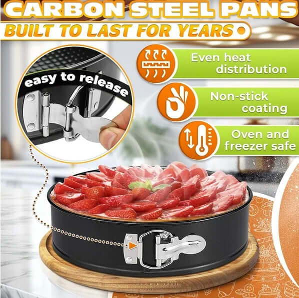 Carbon steel pan with food, highlighting features like even heat distribution and non-stick coating.
