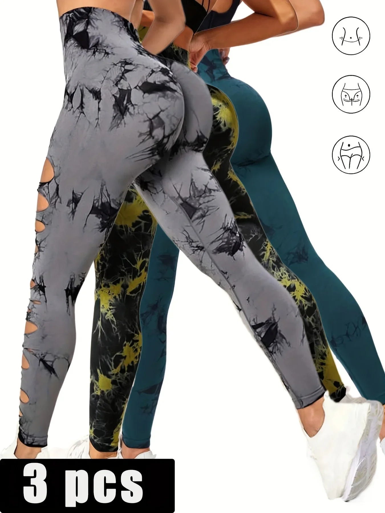Two pairs of tie-dye leggings with cut-out design on a white background.