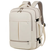 Beige backpack with multiple zippers on a white background