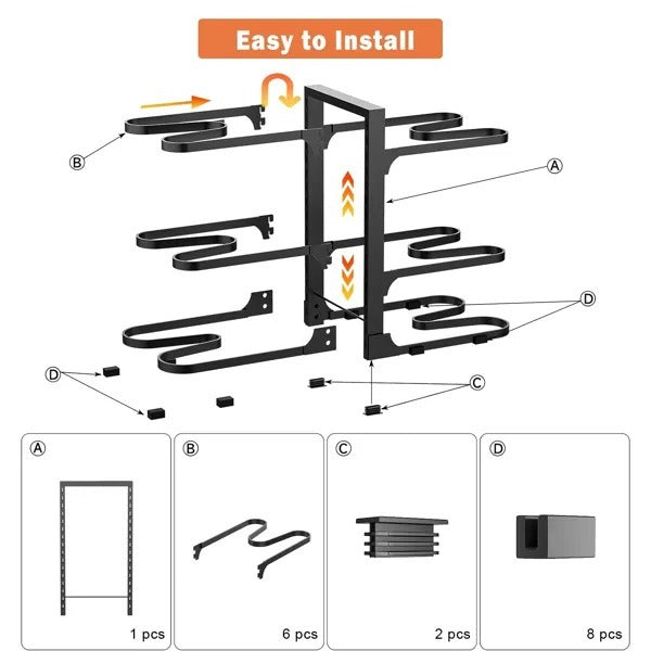 Wall-mounted bike rack assembly diagram with labeled parts and text 'Easy to Install'.