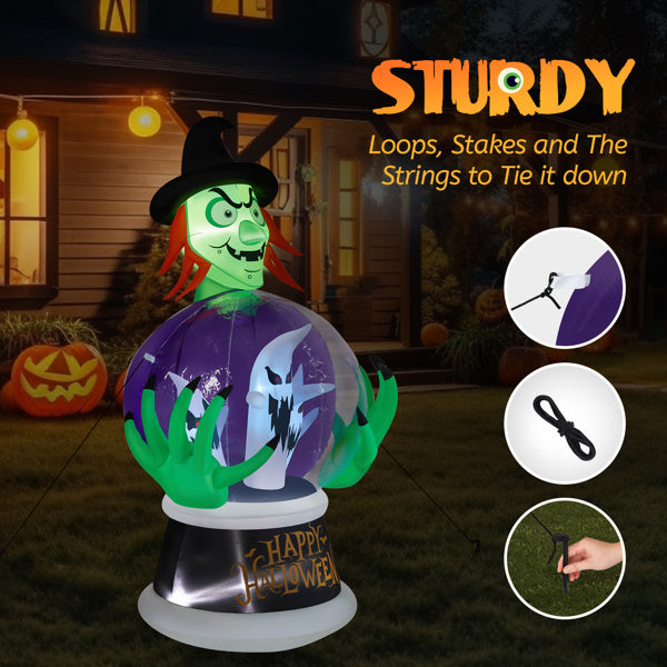 Witch Crystal Ball Inflatable Decoration W/ 6 LED & RGB Lights, 5.9ft