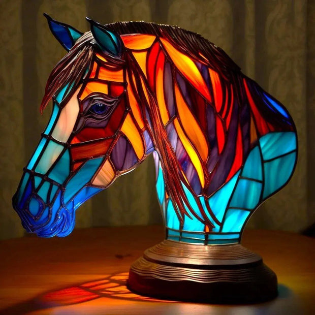 Colorful stained glass horse lamp on a wooden surface with a dark background