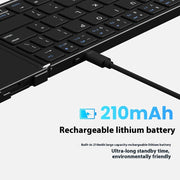 Keyboard with a rechargeable lithium battery labeled 210mAh on a white background