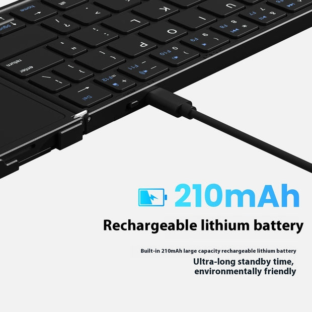 Keyboard with a rechargeable lithium battery labeled 210mAh on a white background