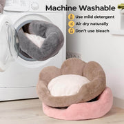 Pet bed with washing instructions displayed next to a washing machine.