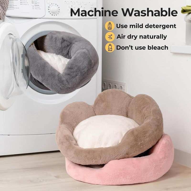 Cozy MEWOOFUN Cat & Small Dog Bed - Fluffy, Washable Flower Sofa with Non-Slip Bottom for Happy Indoor Pets, Grey, 23"