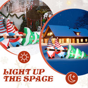 Inflatable gnomes and Christmas trees with a house in the background, featuring text 'Light Up The Space'.