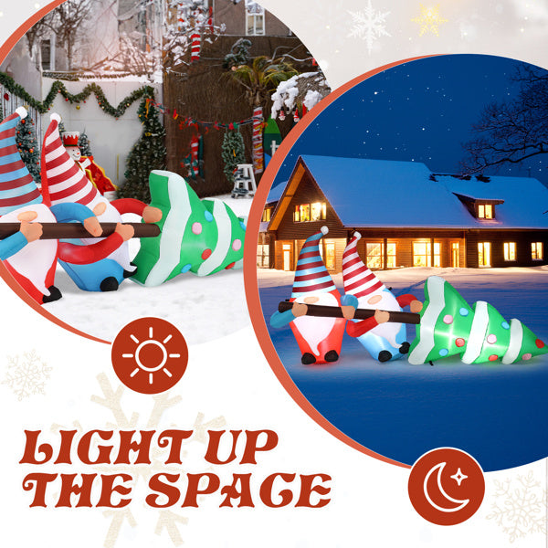 Inflatable gnomes and Christmas trees with a house in the background, featuring text 'Light Up The Space'.