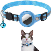 Blue pet collar with bell and cat wearing it on a white background