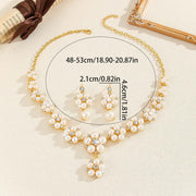 Pearl necklace and earrings set with measurement details on a beige background