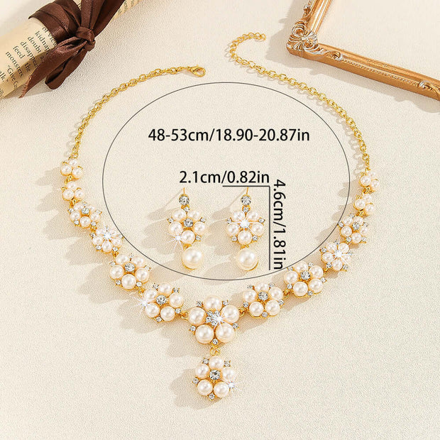 Pearl necklace and earrings set with measurement details on a beige background