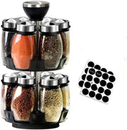 Spice rack with labeled jars and a set of labels on a white background