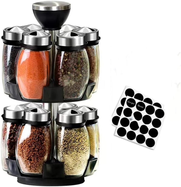 Spice rack with labeled jars and a set of labels on a white background