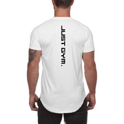 Person wearing a white 'JUST GYM' t-shirt on a white background