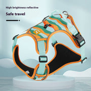 Dog harness with reflective stripes on a light blue background