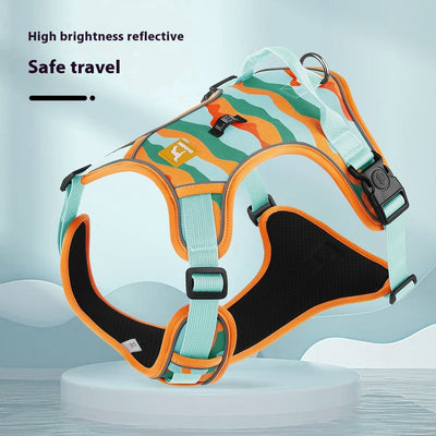 Dog harness with reflective stripes on a light blue background