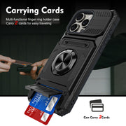 Black multi-functional finger ring holder case with card slots, showing two cards being inserted.