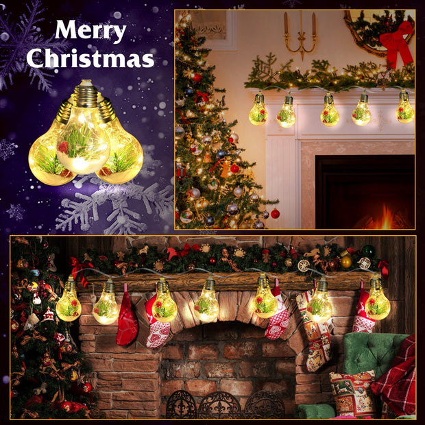 Christmas Snow Globe String Lights - 13.78FT Battery Powered with 10 LED Bulbs, Pine Needles, Snowflakes & Berries for Indoor Decor