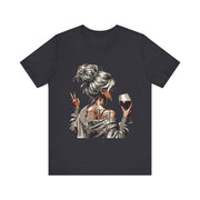 Black t-shirt with a graphic of a woman holding a glass of wine on a white background