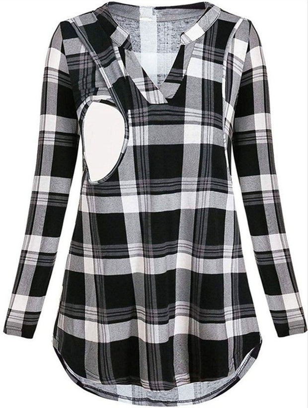 Black and white plaid shirt with cut-out design on a white background