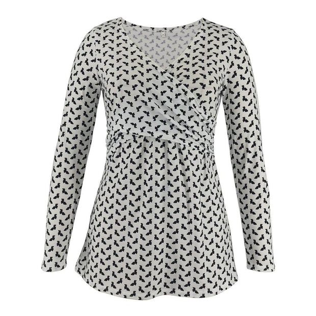 Long-sleeve top with black pattern on a white background