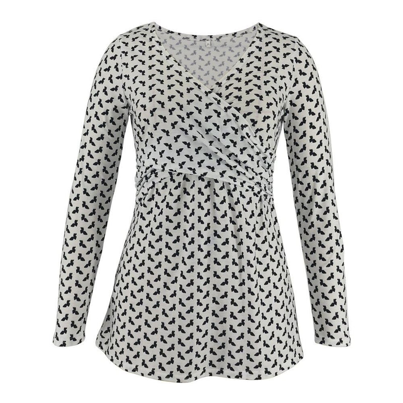 Long-sleeve top with black pattern on a white background