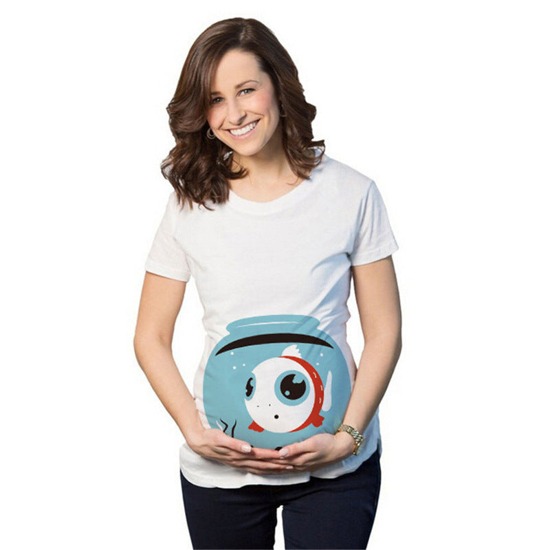 Woman wearing a white t-shirt with a fishbowl graphic on a plain background