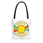 Tote bag with a sun design and 'Radiate Positivity' text on a white background