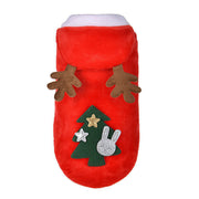 Red dog sweater with Christmas tree and reindeer design on a white background