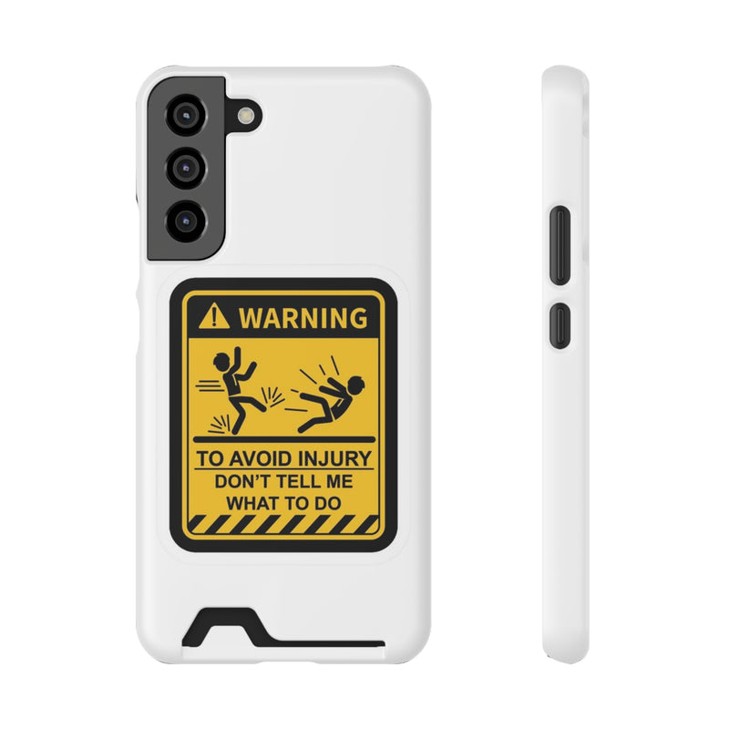 Warning Phone Case with Card Holder featuring playful warning sign design for smartphone protection and personality.