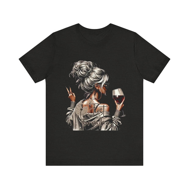 Black t-shirt with a graphic design of a woman holding a glass of wine on a white background