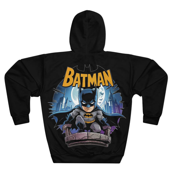 Black hoodie with Batman graphic on a white background