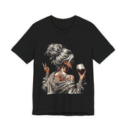 Black t-shirt with a graphic of a woman holding a glass of wine on a white background