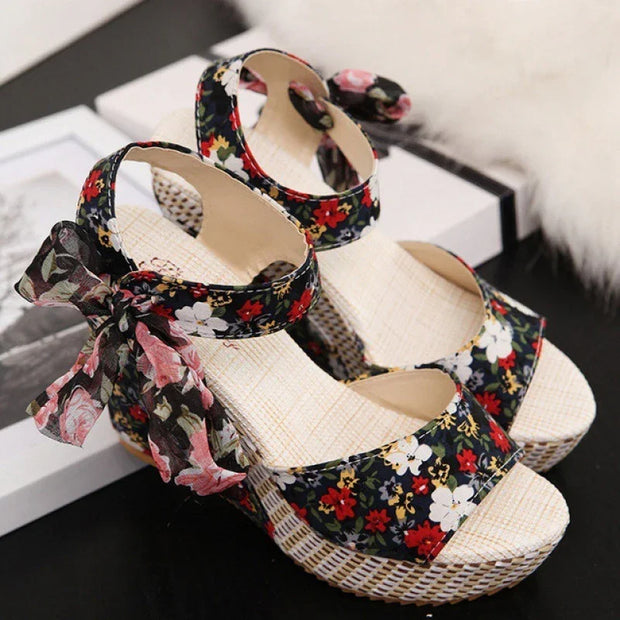 Floral Bow knot Wedge Sandals 