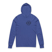 Blue hoodie with black text on a white background