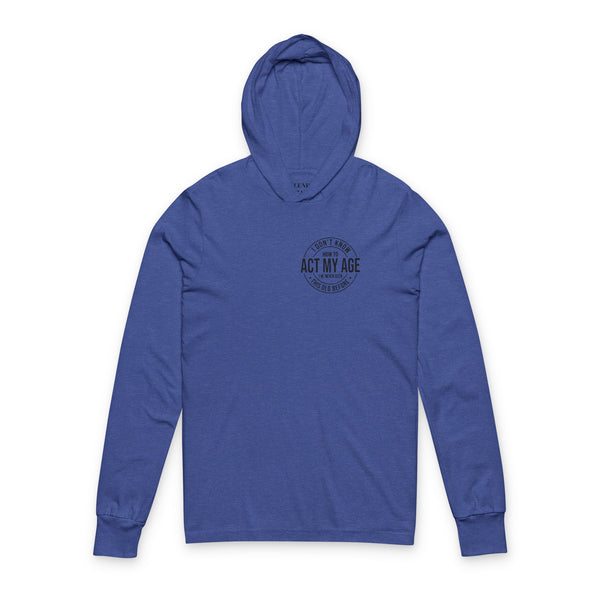 Blue hoodie with black text on a white background