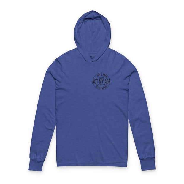 Blue hoodie with black text on a white background