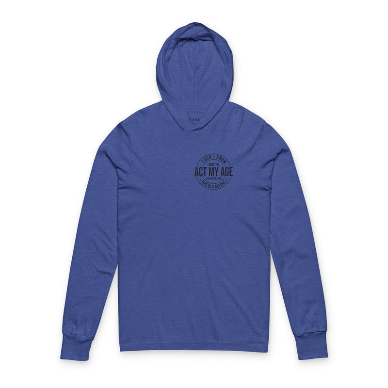 Blue hoodie with black text on a white background