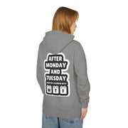 Person wearing a gray hoodie with text on the back, standing against a white background