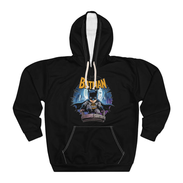 Black hoodie with Batman graphic on a white background