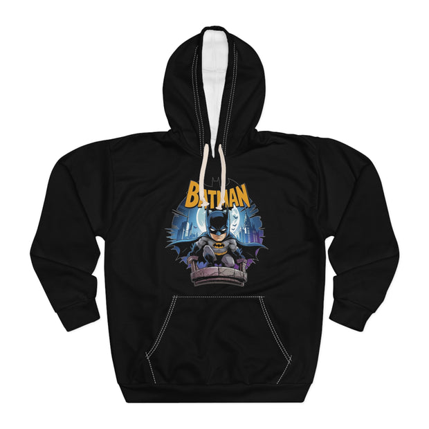 Black hoodie with Batman graphic on a white background