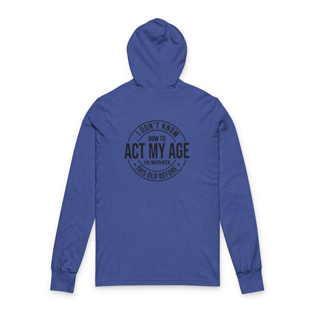 Blue hoodie with black text on a white background