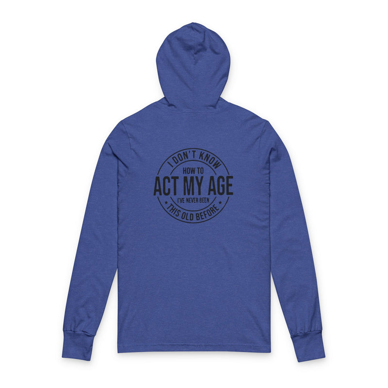 Blue hoodie with black text on a white background