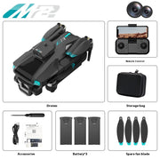DJI Mavic Pro drone with accessories including remote control, storage bag, batteries, and spare fan blade on a white background.