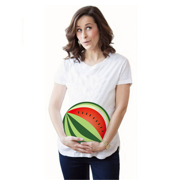 Woman wearing a white t-shirt with a watermelon design on a white background