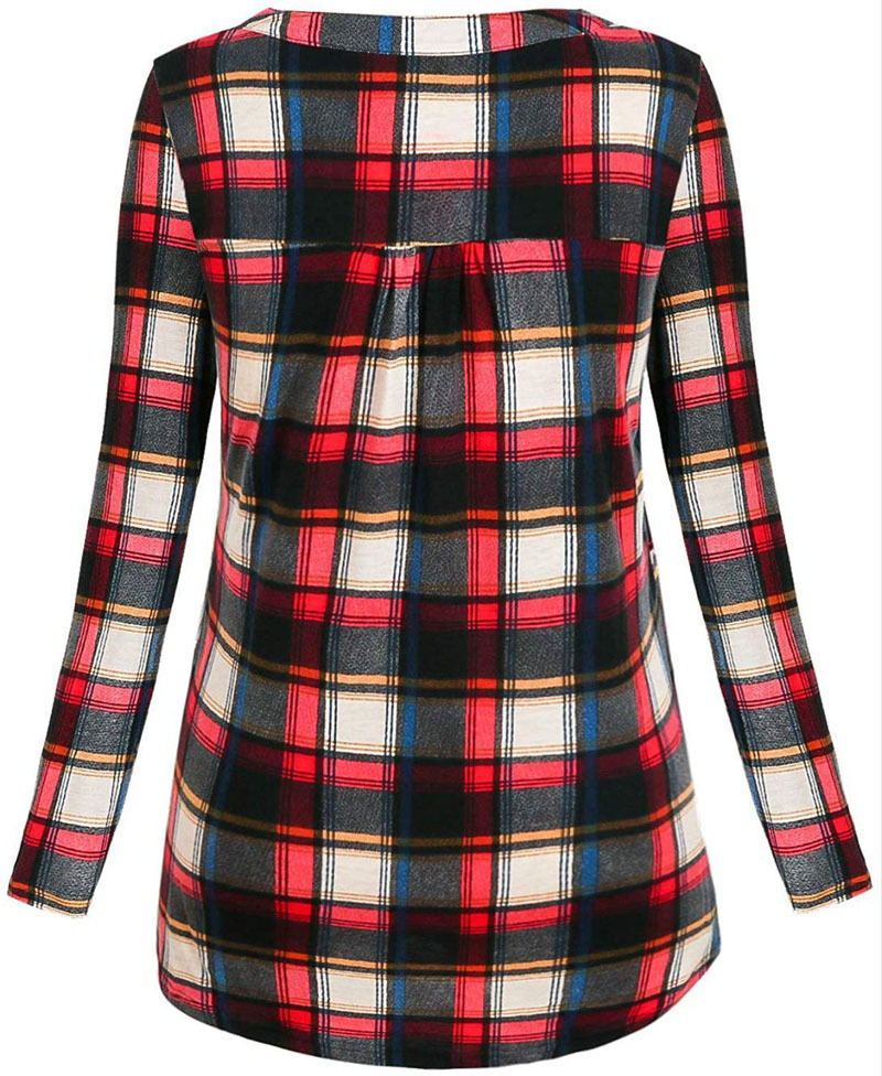 Plaid shirt with red, black, and white pattern on a white background