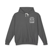 Gray hoodie with a white graphic on a white background