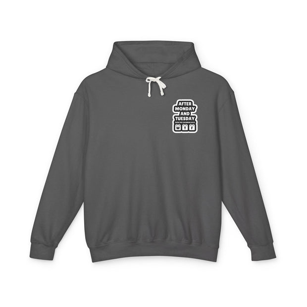 Gray hoodie with a white graphic on a white background