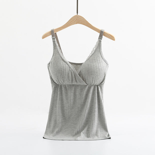 Gray ribbed tank top on a wooden hanger against a white background
